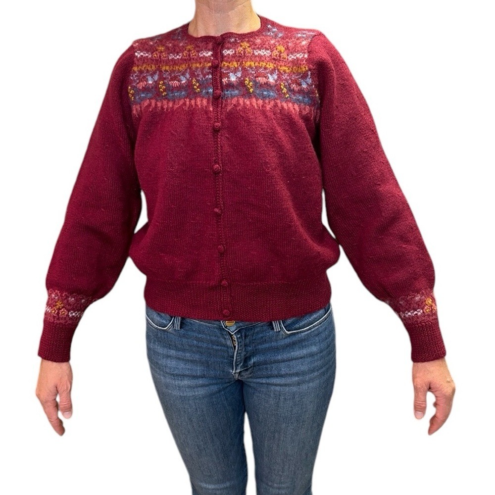 Vintage Susan Bristol Hand Embroidered Wool‎ Fair Isle Cardigan Burgundy Blue L